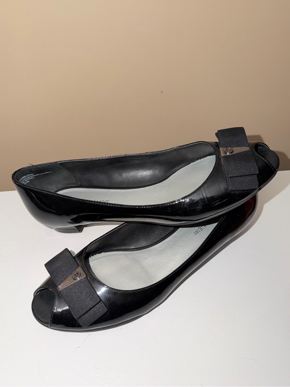 Etienne Aigner 9.5 Black Patent Leather Peep-Toe Flats with Bow Accent